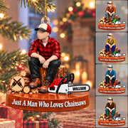 Personalized Wood Cutting Ornament Just A Man Who Loves Chainsaws Custom Name Christmas Ornament Gift for Woodcutter H2511 Trna