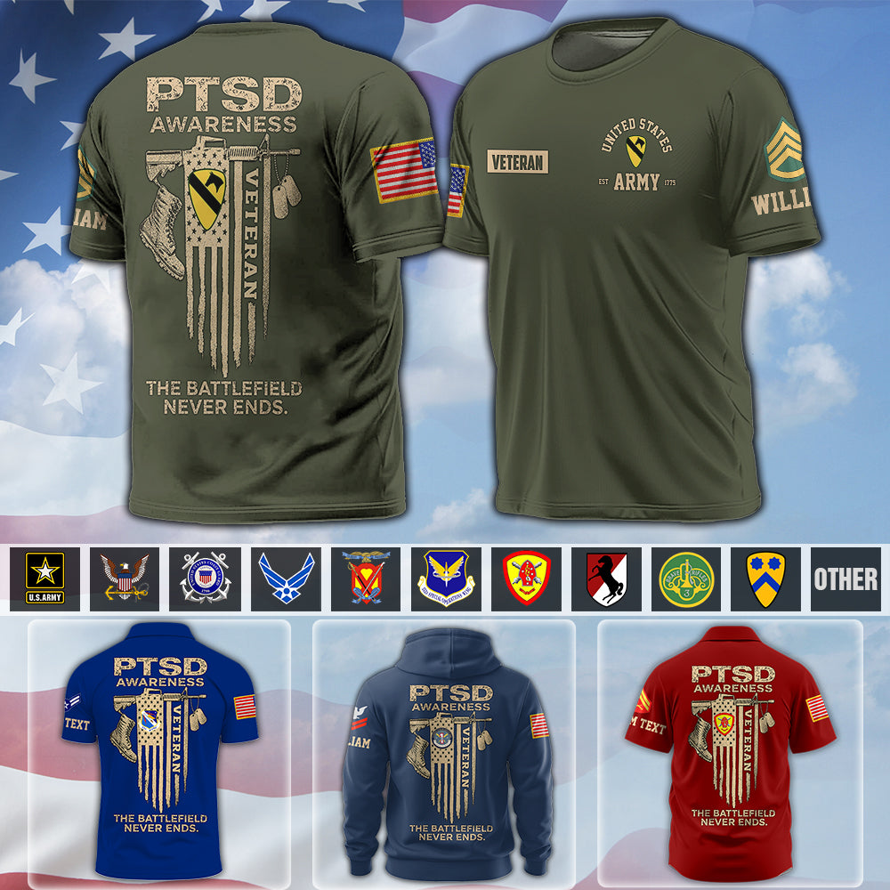 Custom Veteran Shirt Ptsd Awareness That Battlefield Never Ends Military Gift K1702 MT2
