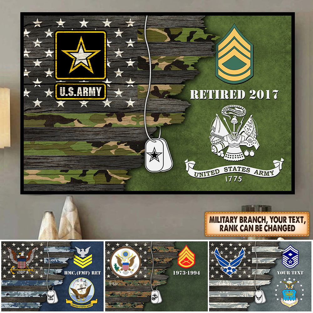 Personalized Canvas In Frame - Usa Half Flag With Military Ranks/Insignia - Personalized Name & Ranks K1702