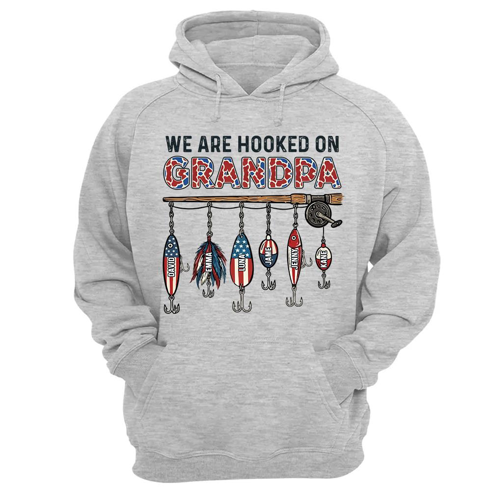 We Are Hooked On Grandpa Personalized Dad Grandpa Fishing Shirt, America 250th Anniversary, Father’s Day Gift for Grandpa Fisherman Na02 Hv01