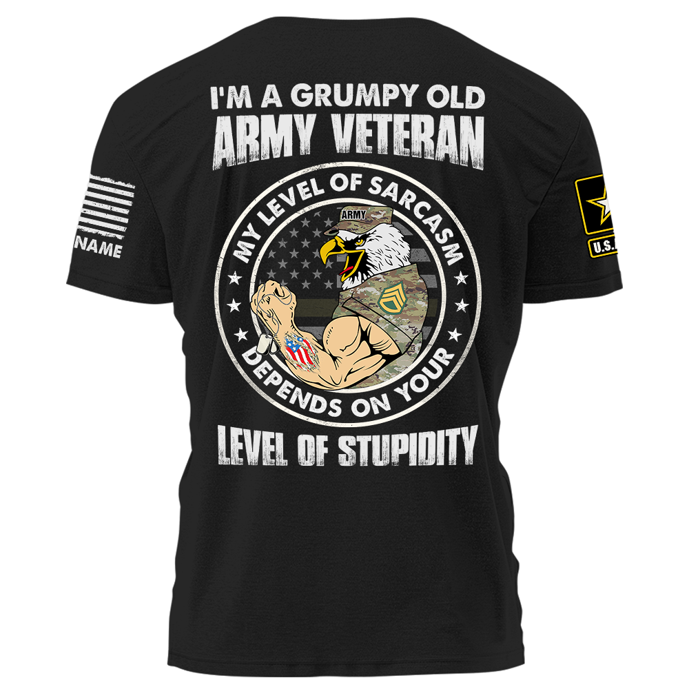 I’m A Grumpy Old Veteran My Level Of Sarcasm Depends On Your Level Of Stupidity Personalized Shirt For Veteran K1702