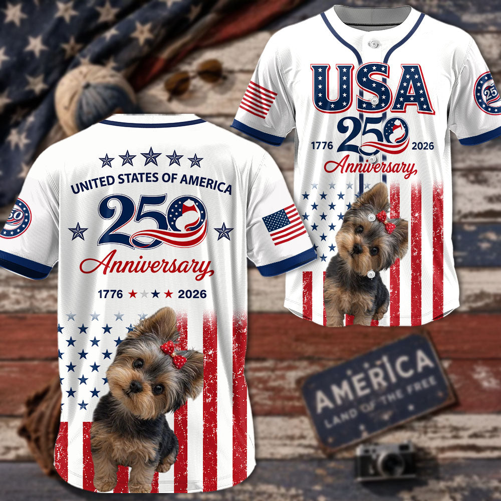 Custom Upload Photo Yorkshire Terrier USA 250th Anniversary Baseball Jersey 1776-2026 Patriotic Dog Lovers Shirt Pt99