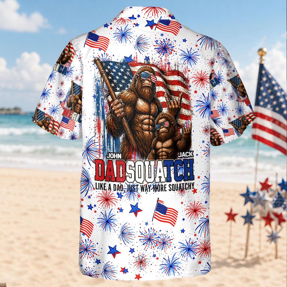 Dadsquatch Like A Dad, Just Way More Squatchy, 4th Of July Firework Bigfoot Hawaiian Shirt Independence Day Aloha Shirt Bigfoot Shirts, 4th Of July Gift USA Flag Shirt T1807 Nh00