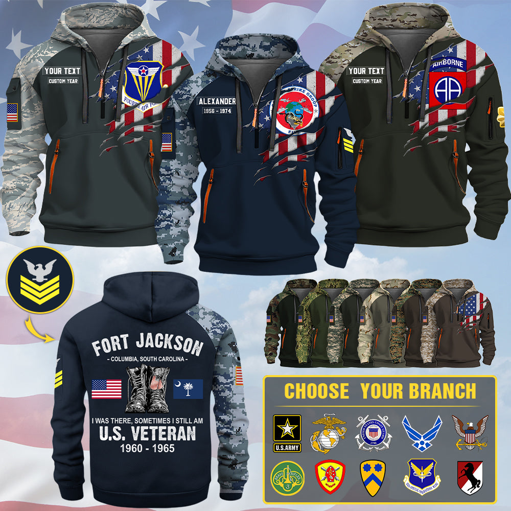 Custom All Over Printed Shirt Veteran Gift Unit Patches Military Base Veteran Hoodie Half Zipper K1702 Trhn