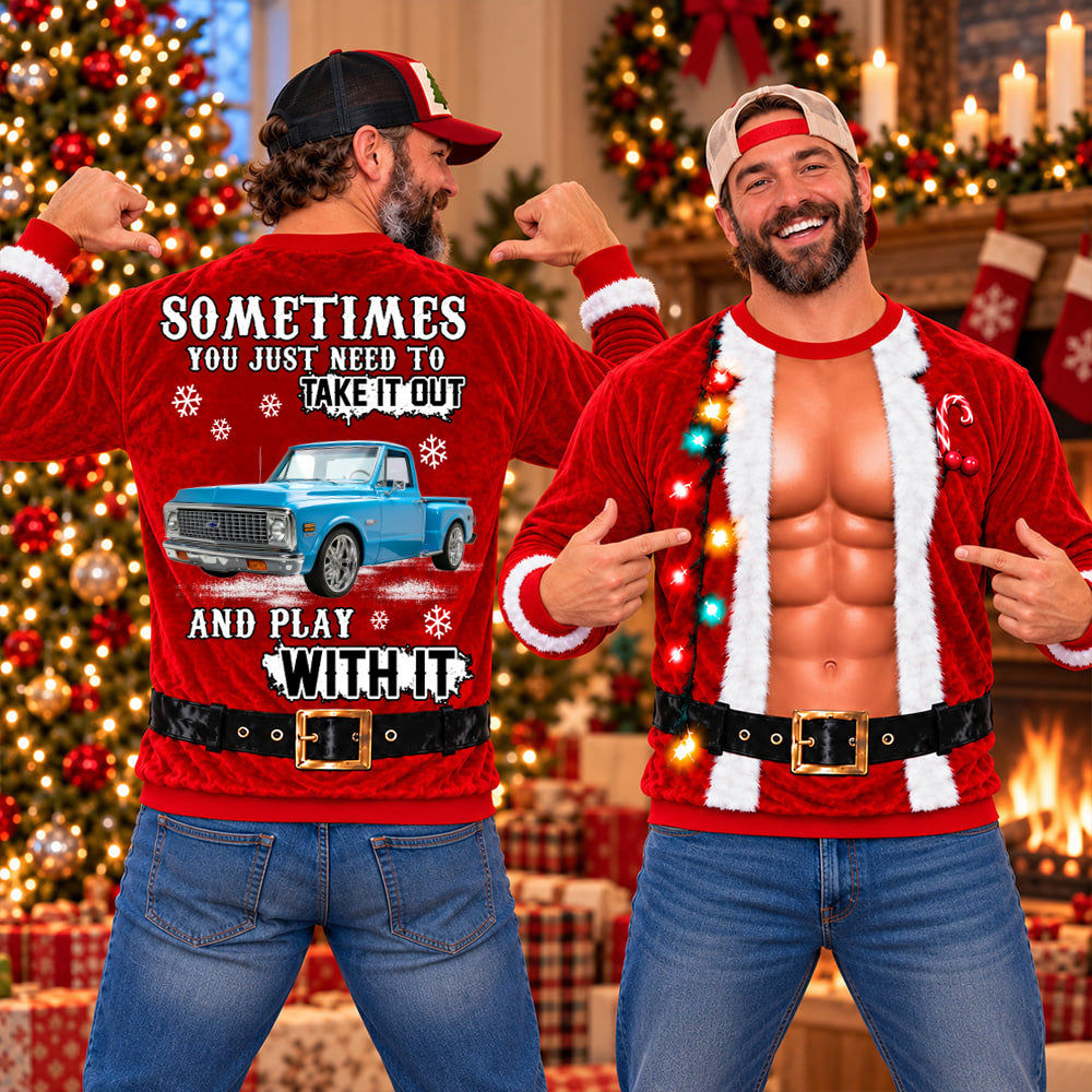 Take It Out & Play - Custom Pickup Truck Photo Christmas All Over Print Shirts – Funny Muscle Santa 3D Shirts A2110 T24 NT01