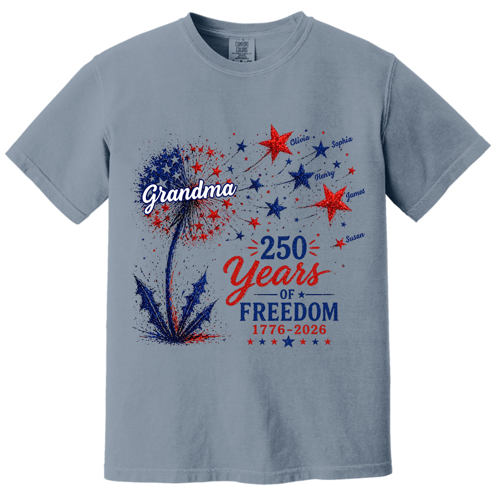 Custom Grandma Patriotic Dandelion 250th Anniversary Tee - Personalized Wild Flowers USA Flag 250 Years Of Freedom Shirt Gift for Grandma VH01