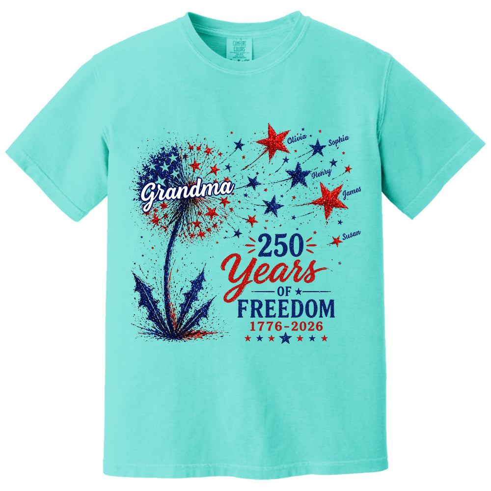 Custom Grandma Patriotic Dandelion 250th Anniversary Tee - Personalized Wild Flowers USA Flag 250 Years Of Freedom Shirt Gift for Grandma VH01