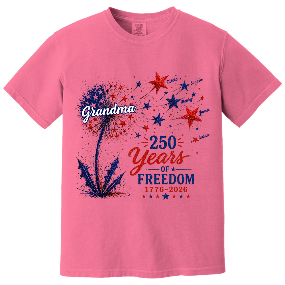Custom Grandma Patriotic Dandelion 250th Anniversary Tee - Personalized Wild Flowers USA Flag 250 Years Of Freedom Shirt Gift for Grandma VH01