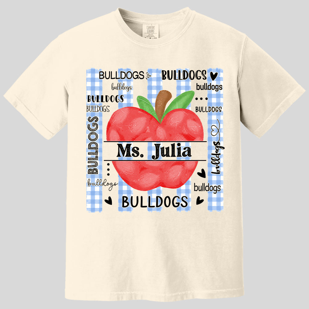 Personalized Bulldogs Teacher Apple Shirt – Custom Teacher Name Back to School T-Shirt Na02 Pt99