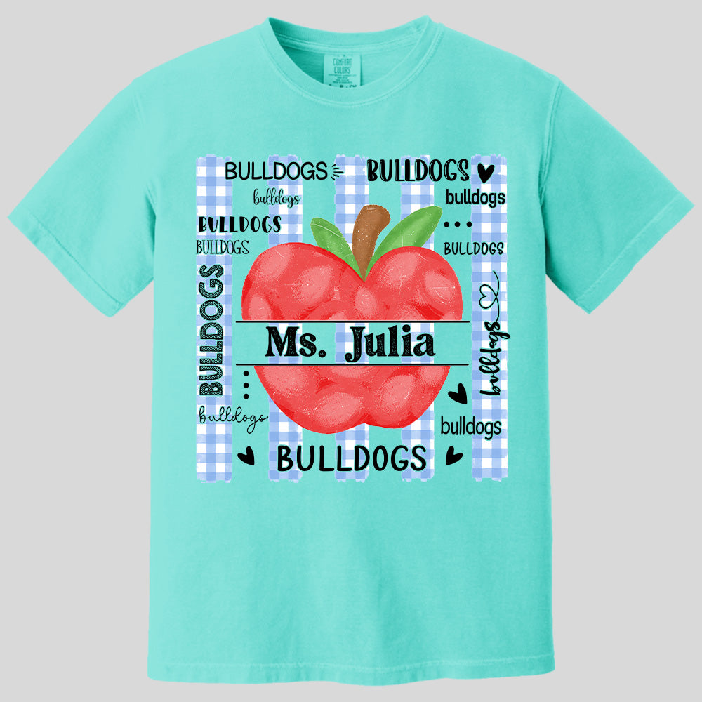 Personalized Bulldogs Teacher Apple Shirt – Custom Teacher Name Back to School T-Shirt Na02 Pt99