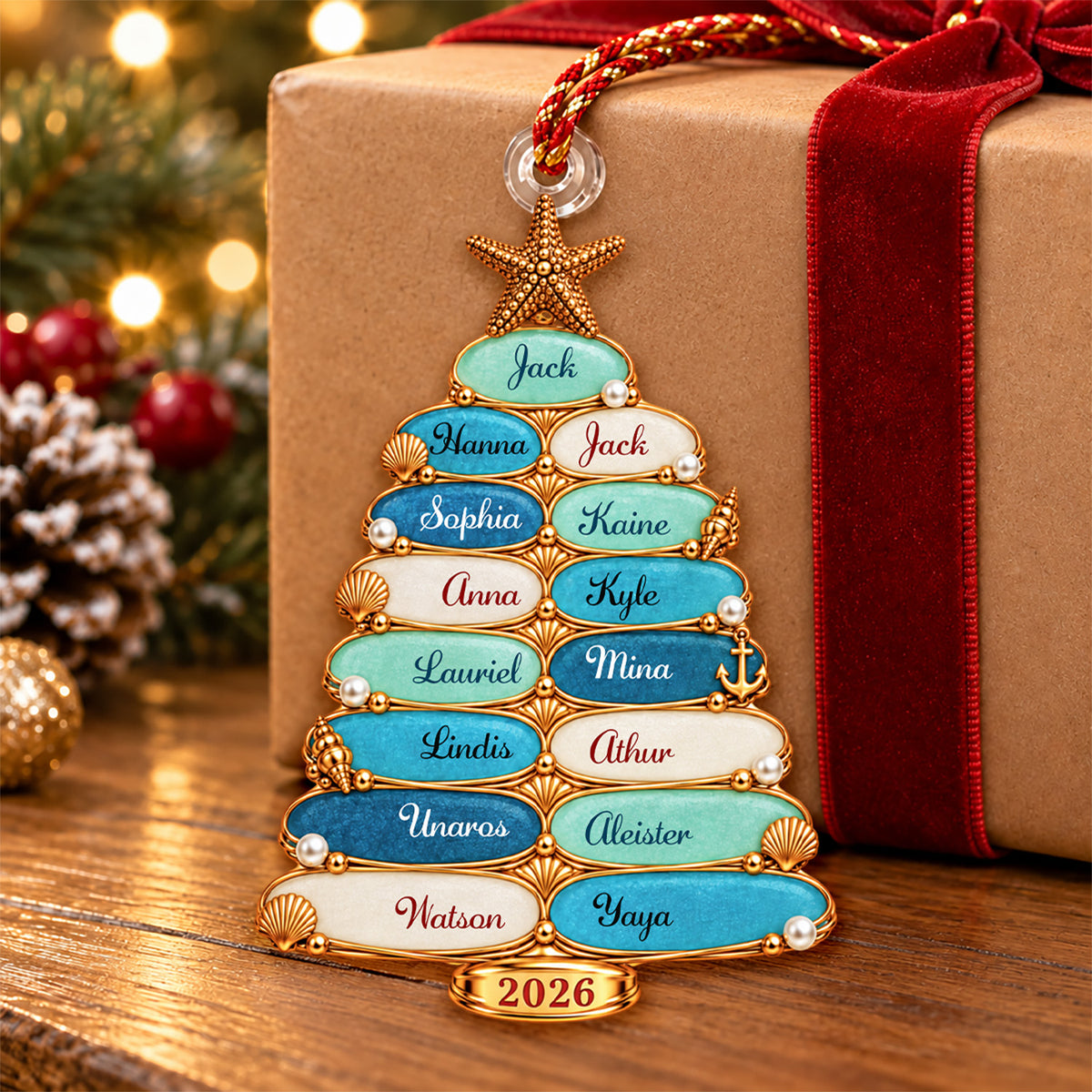 Custom Sea Glass Tree 2026 Acrylic Ornament, Personalized Coastal Family Christmas Gift Nh00