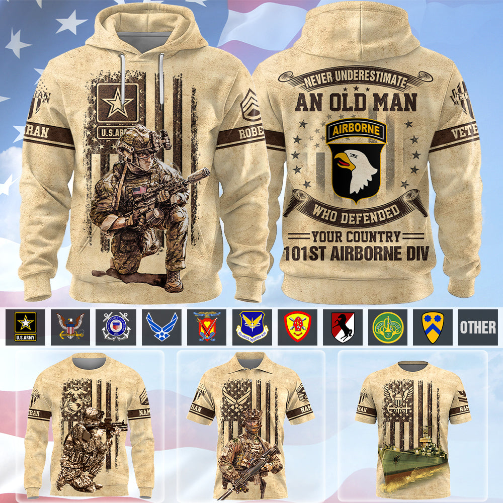 Personalized All Over Print Shirt Never Underestimate Old Man – US Veteran – Custom All Branches Gift For Veterans K1702 Trhn
