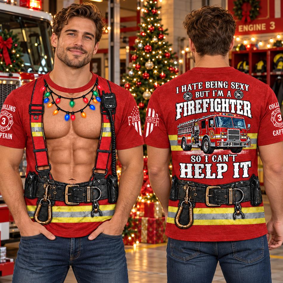 Personalized I Hate Being Sexy But I' A Firefighter So I Cant Help It Vr2 Firefighter Christmas Ugly Sweatshirt All Over Print Shirt, Custom Name Gift for Firefighters H2511 Trna