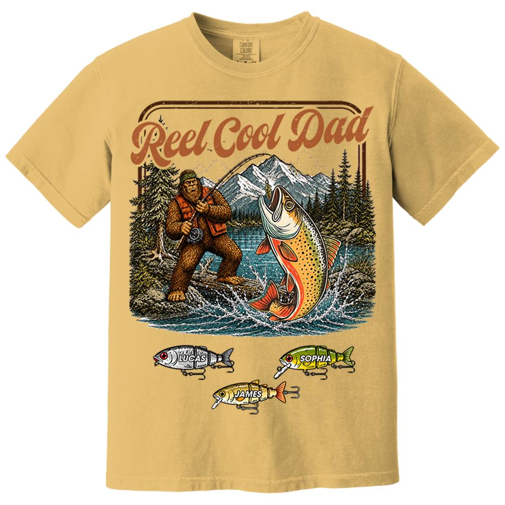 Reel Cool Dad Bigfoot Fishing Shirt, Personalized Dad Shirt With Custom Kids, Bigfoot Fisherman Father's Day Gift, Gift for Dad Na02 Nh00