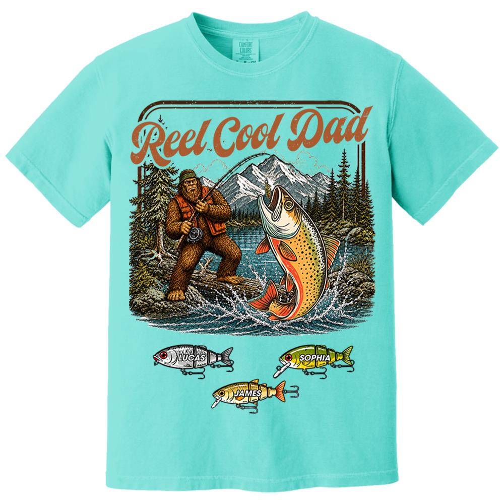 Reel Cool Dad Bigfoot Fishing Shirt, Personalized Dad Shirt With Custom Kids, Bigfoot Fisherman Father's Day Gift, Gift for Dad Na02 Nh00