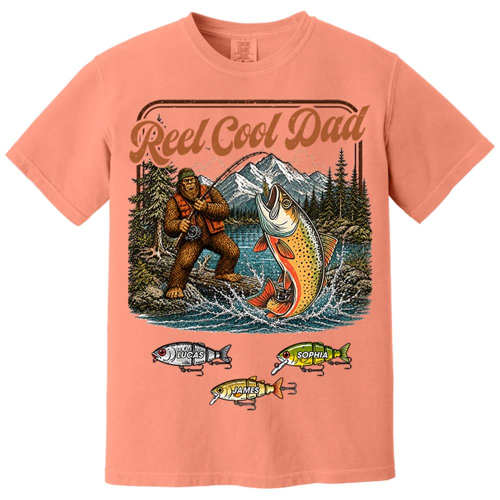 Reel Cool Dad Bigfoot Fishing Shirt, Personalized Dad Shirt With Custom Kids, Bigfoot Fisherman Father's Day Gift, Gift for Dad Na02 Nh00