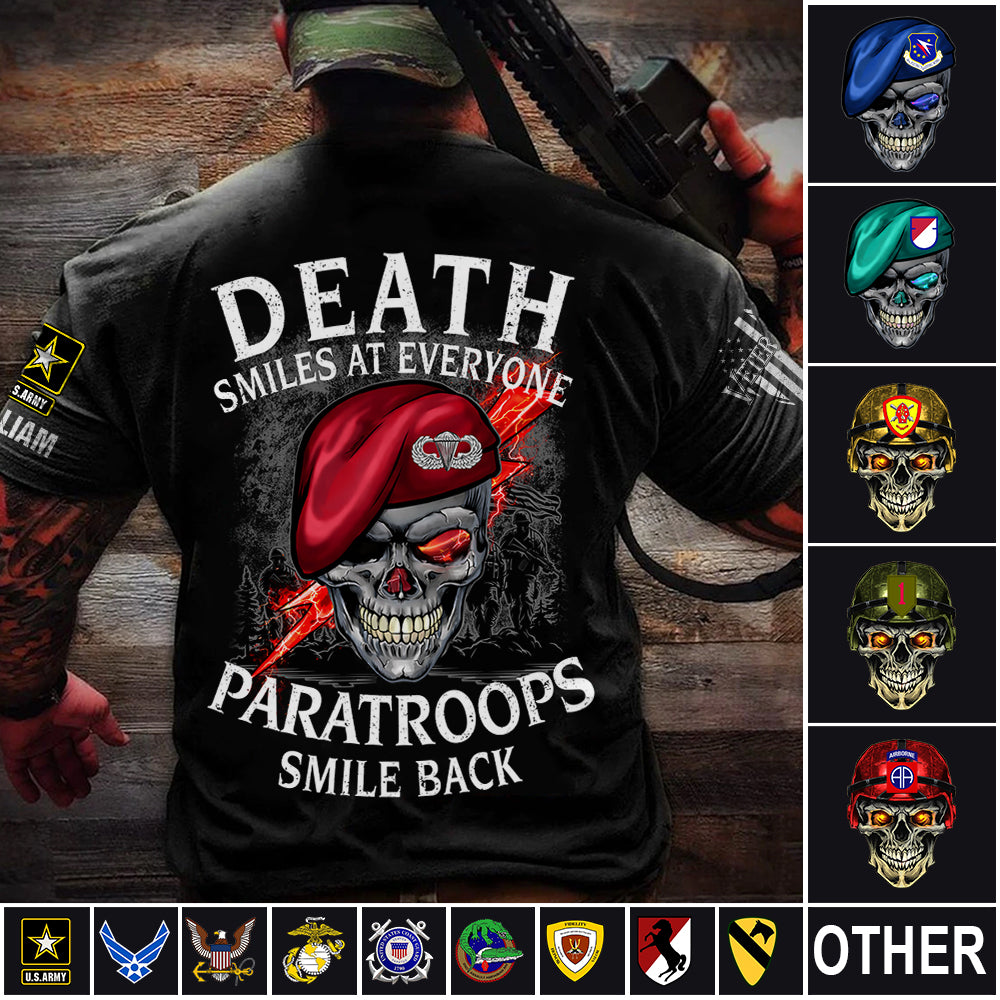 Custom Shirts Death Smiles At Everyone, Veterans Smile Back Custom Military Patch Veteran Skull K1702 MT2