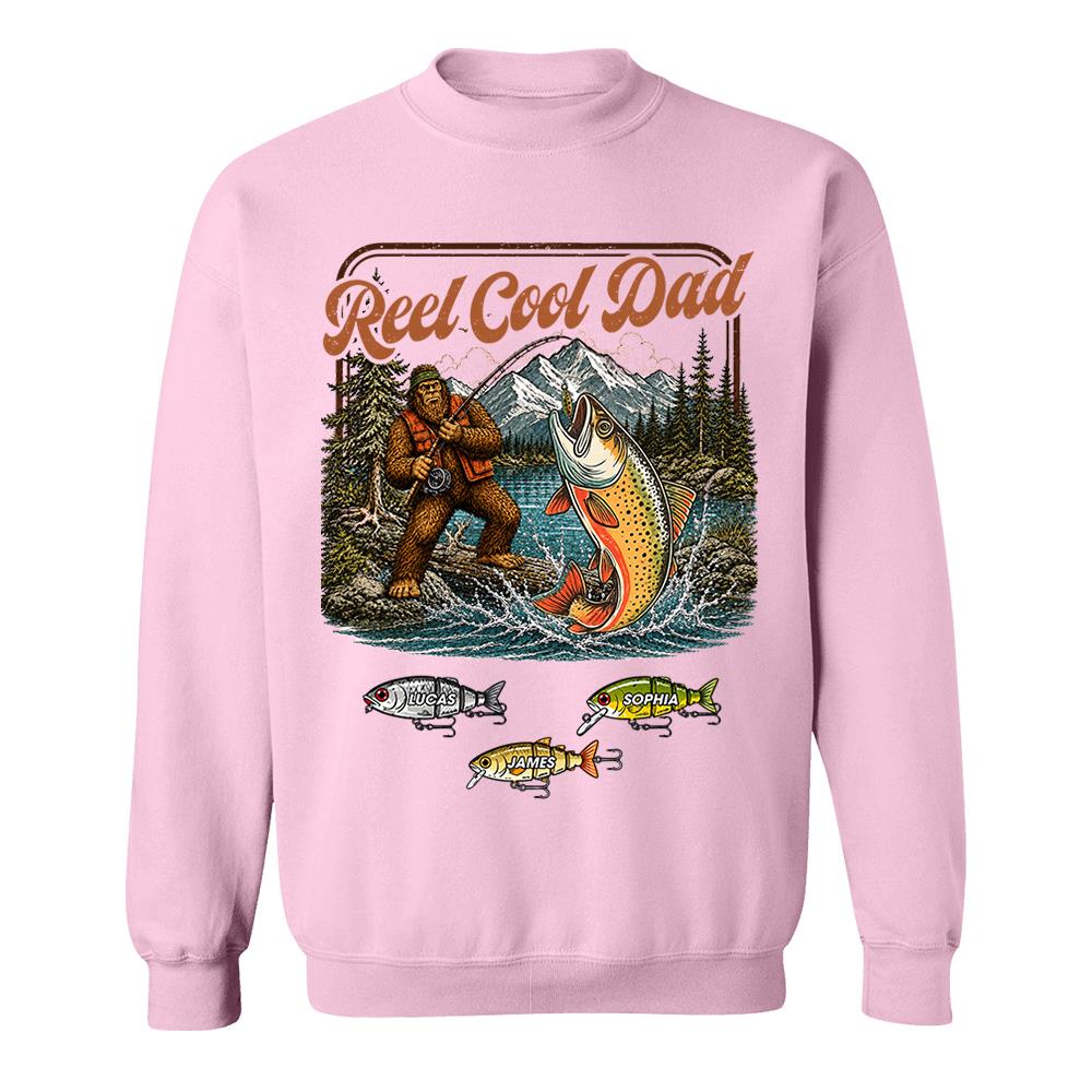 Reel Cool Dad Bigfoot Fishing Shirt, Personalized Dad Shirt With Custom Kids, Bigfoot Fisherman Father's Day Gift, Gift for Dad Na02 Nh00