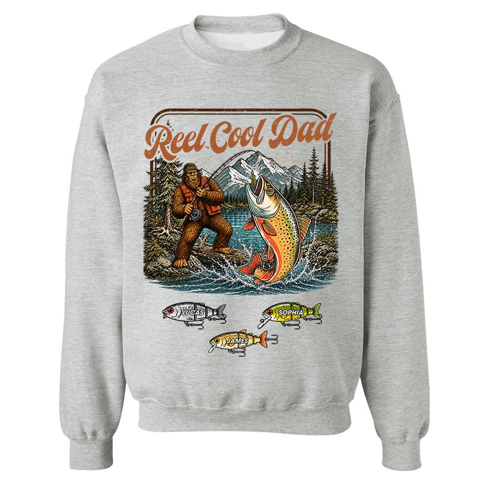 Reel Cool Dad Bigfoot Fishing Shirt, Personalized Dad Shirt With Custom Kids, Bigfoot Fisherman Father's Day Gift, Gift for Dad Na02 Nh00