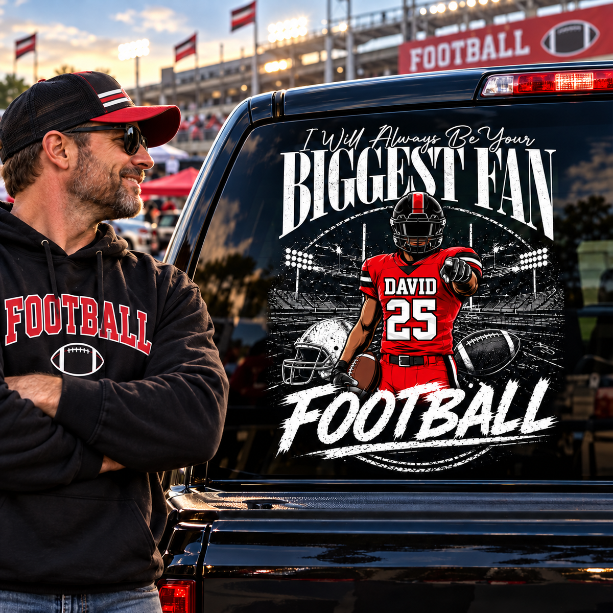 Personalized I'll Always Be Your Biggest Fan Football Car Decal, Custom Football Player Name & Number Sticker, Gift for Sports Moms and Dads T1807 T24