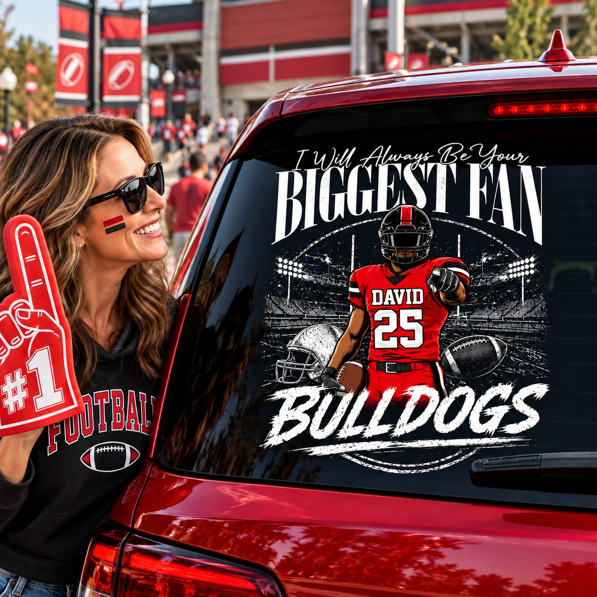 Personalized I'll Always Be Your Biggest Fan Football Car Decal, Custom Football Player Name & Number Sticker, Gift for Sports Moms and Dads T1807 T24