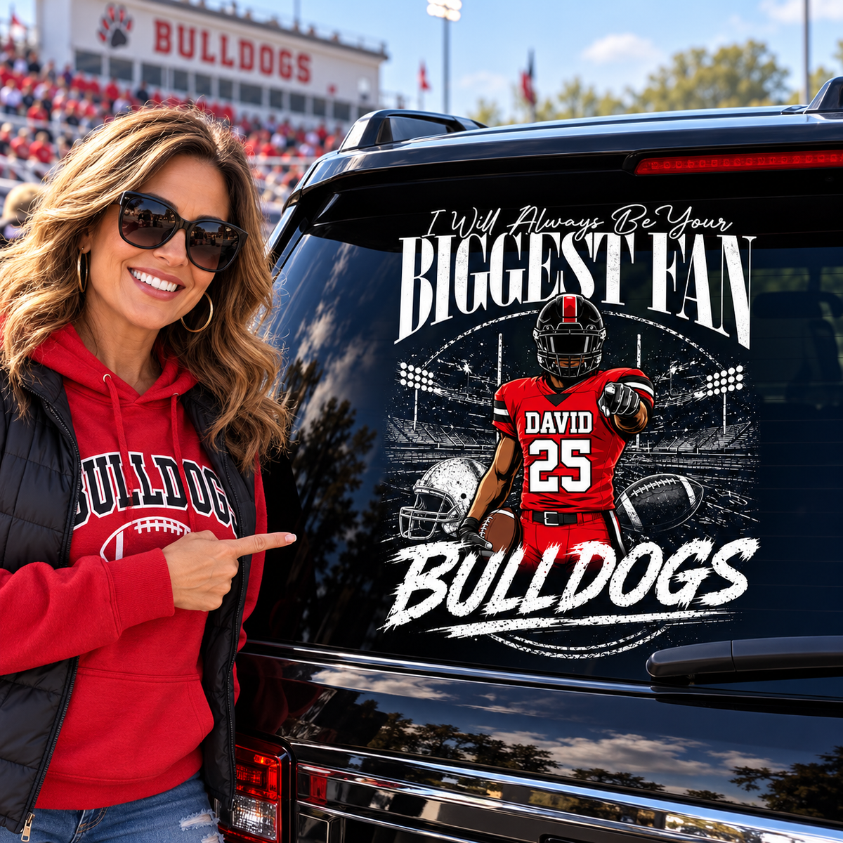 Personalized I'll Always Be Your Biggest Fan Football Car Decal, Custom Football Player Name & Number Sticker, Gift for Sports Moms and Dads T1807 T24