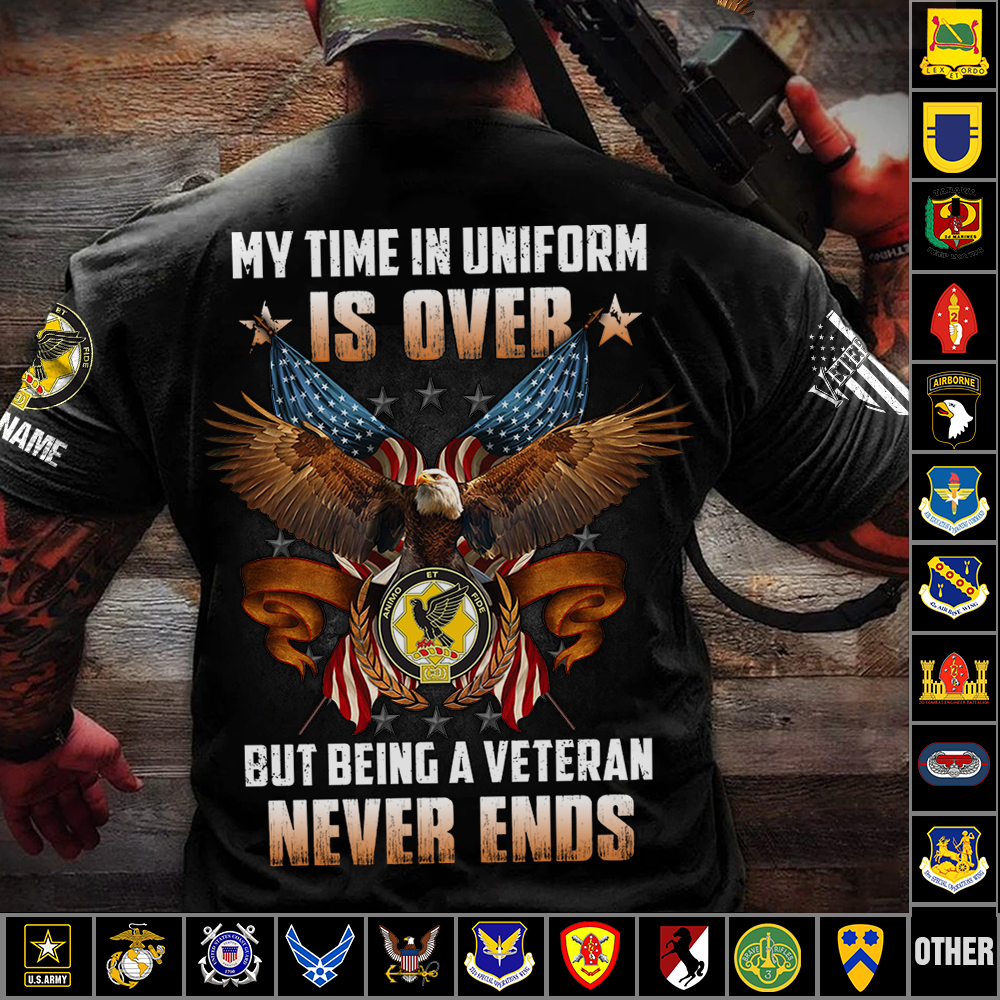 Custom Shirt My Time In Uniform Is Over But Being A Veteran Never Ends Custom All Military Branches Gift For Veteran K1702 Trhn