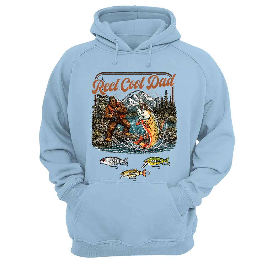 Reel Cool Dad Bigfoot Fishing Shirt, Personalized Dad Shirt With Custom Kids, Bigfoot Fisherman Father's Day Gift, Gift for Dad Na02 Nh00