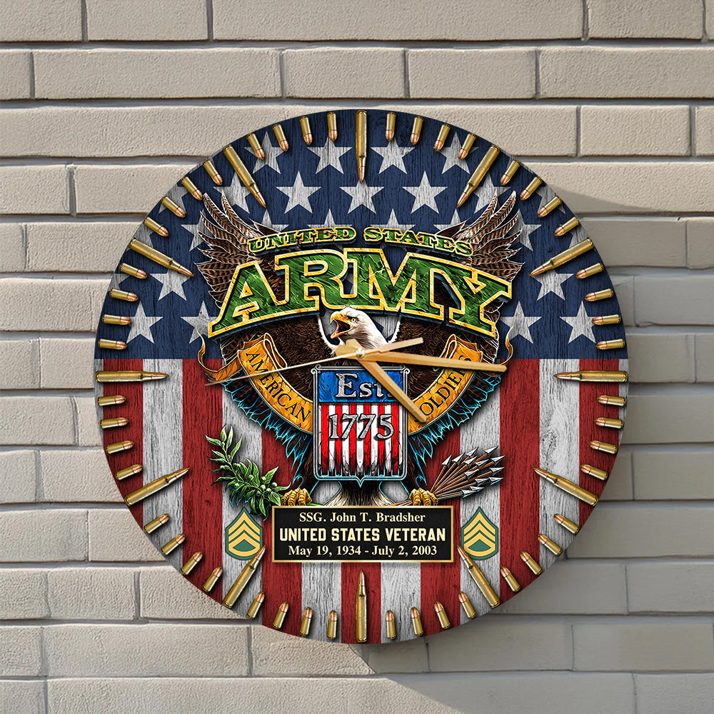 Custom Wooden Wall Clock Flag & Bullet Clock. Available All Military Branch Veteran Gift K1702 Trhn
