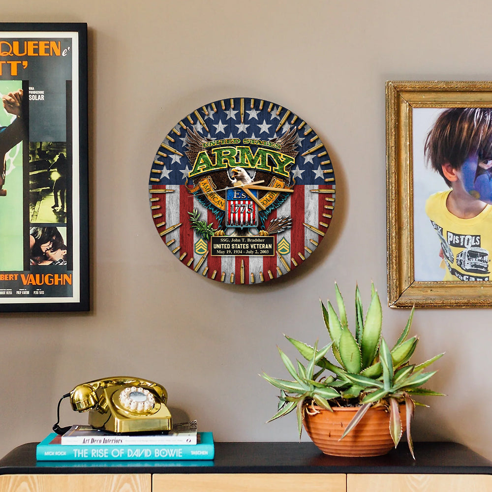 Custom Wooden Wall Clock Flag & Bullet Clock. Available All Military Branch Veteran Gift K1702 Trhn