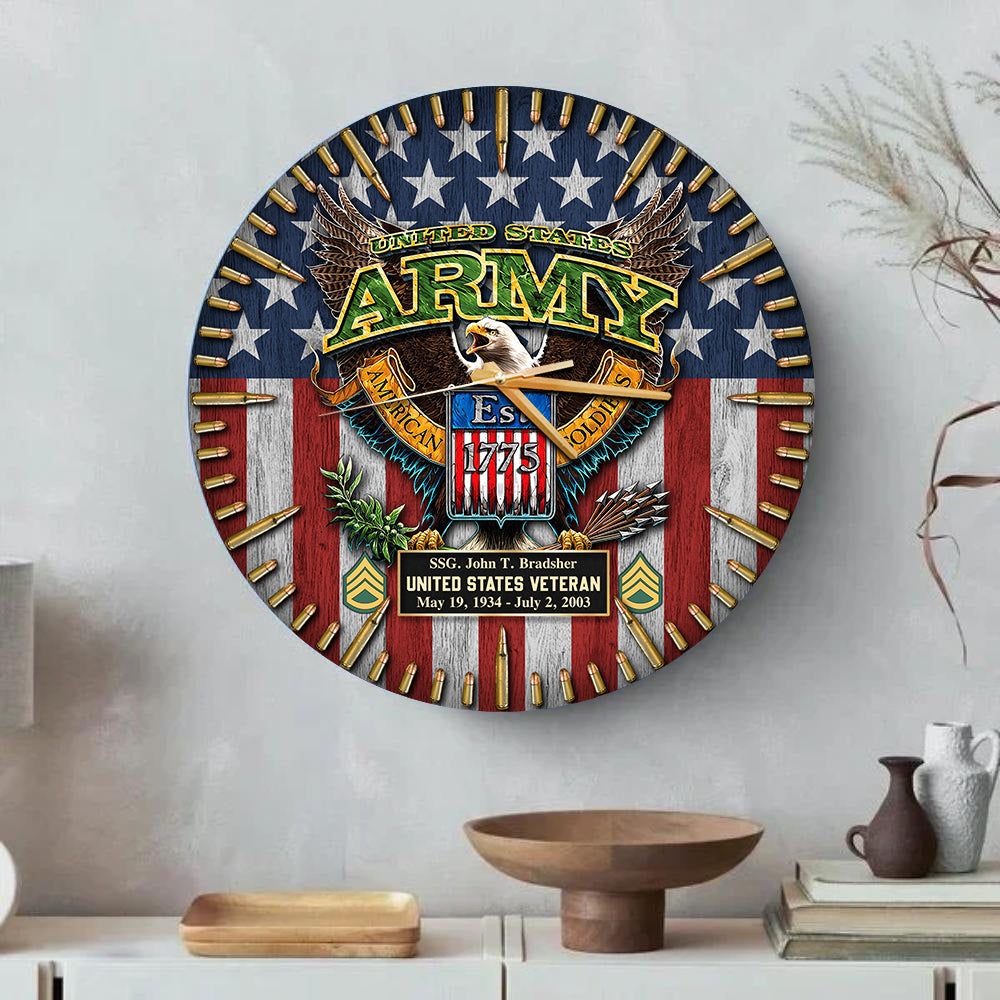 Custom Wooden Wall Clock Flag & Bullet Clock. Available All Military Branch Veteran Gift K1702 Trhn