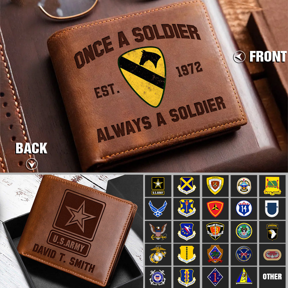 Military Veteran Custom Leather Wallet Once A Soldier Always A Soldier Personalized Gift K1702