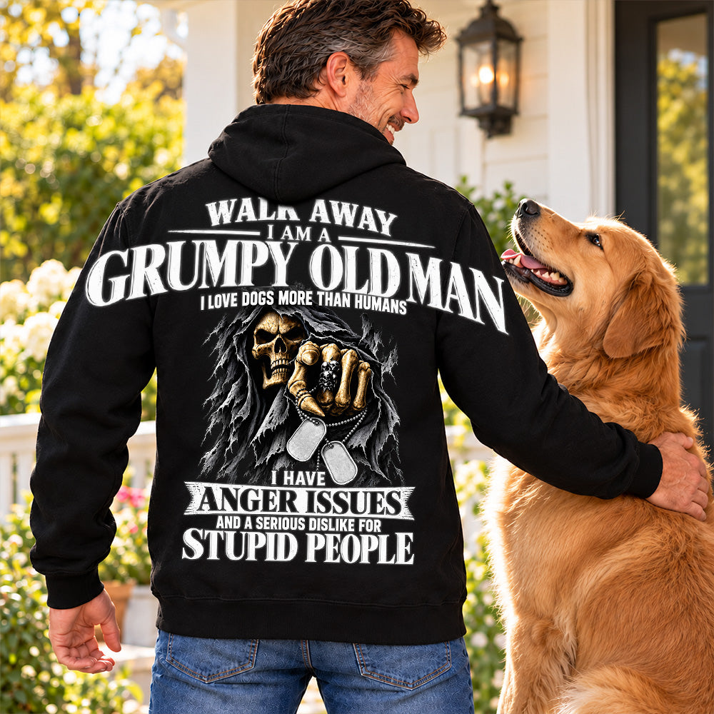 Walk Away I Am A Grumpy Old Man I Love Dogs More Than Humans I Have Anger Issues Skeleton Oversized Shoulder Print Shirts T24