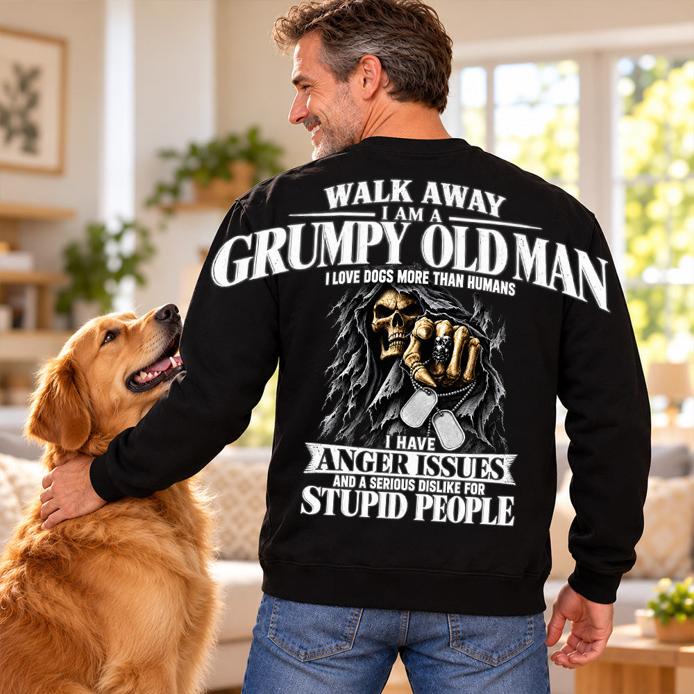 Walk Away I Am A Grumpy Old Man I Love Dogs More Than Humans I Have Anger Issues Skeleton Oversized Shoulder Print Shirts T24
