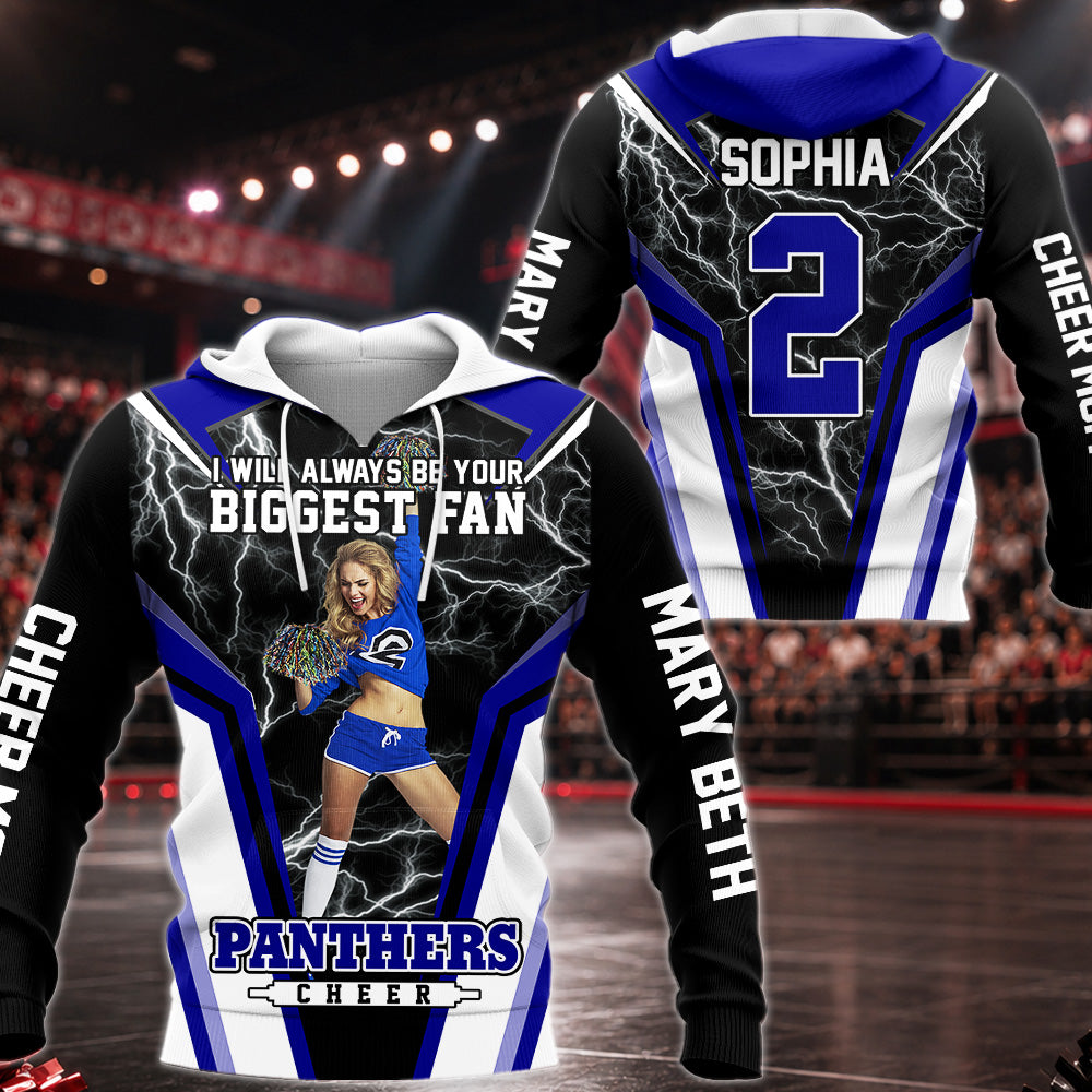 Personalized Cheer Mom Shirt, I’ll Always Be Your Biggest Fan, Custom Player Name & Number All Over Print Game Day Shirt for Mom Grandma Family Hv01