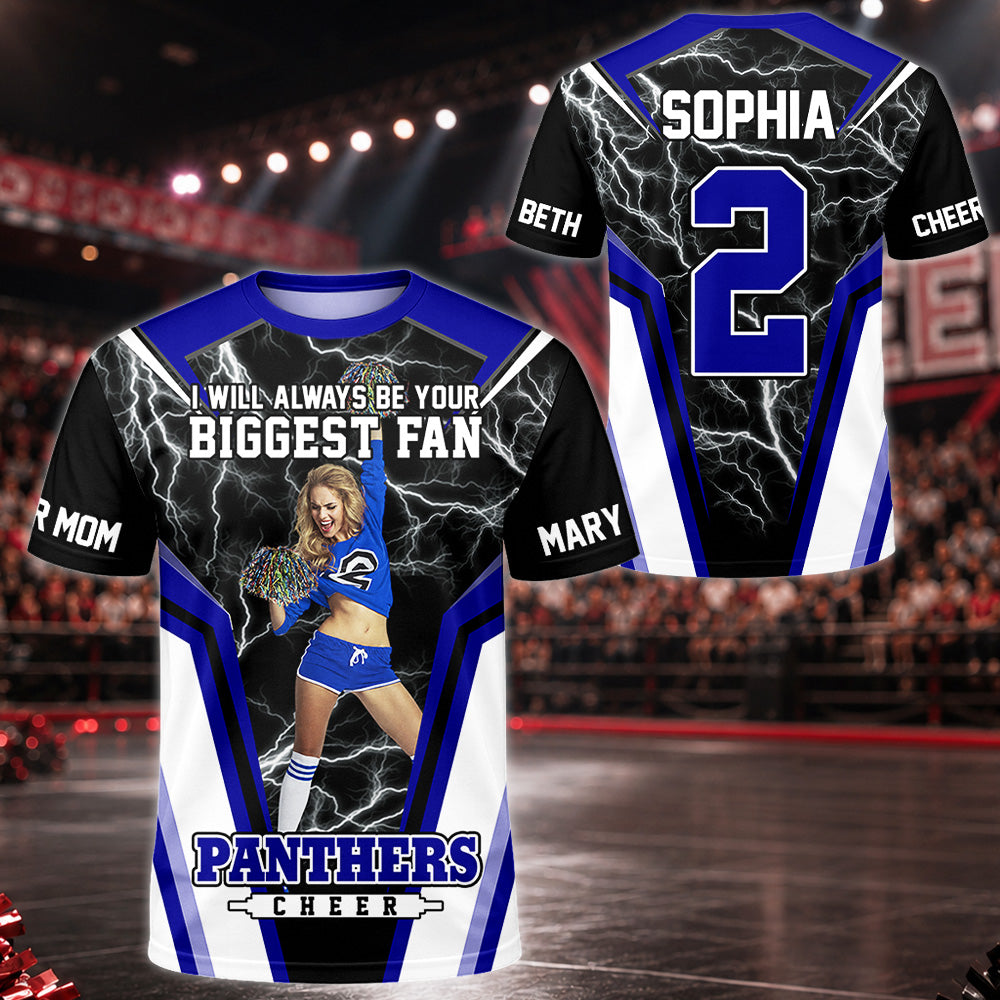 Personalized Cheer Mom Shirt, I’ll Always Be Your Biggest Fan, Custom Player Name & Number All Over Print Game Day Shirt for Mom Grandma Family Hv01