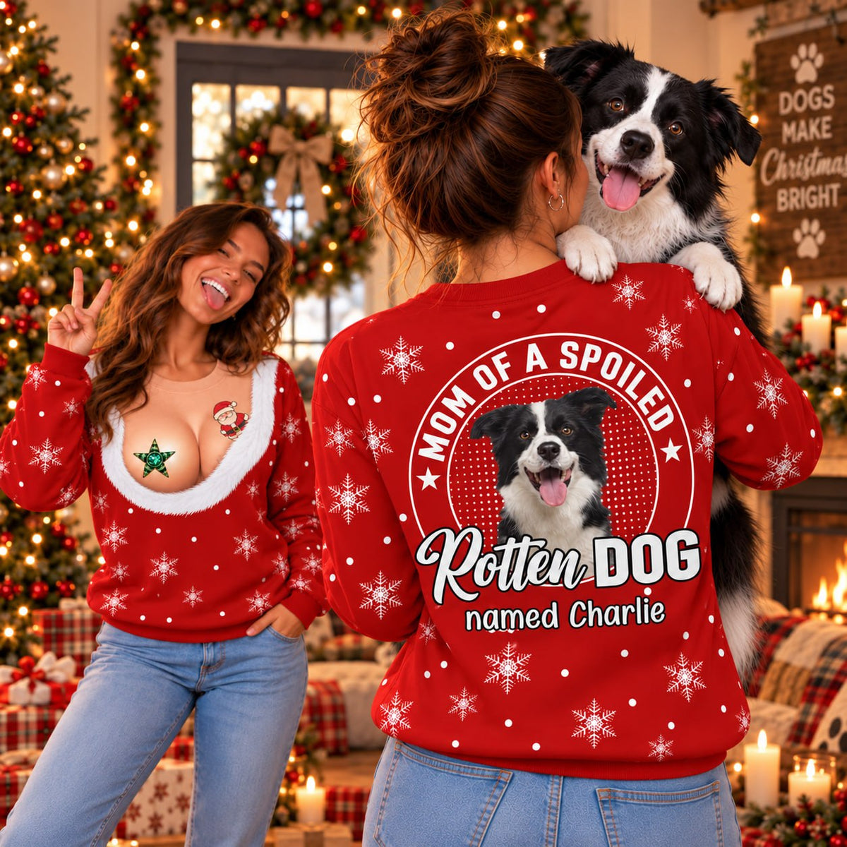 Personalized Funny Christmas All Over Print Shirts, Mom Of A Spoiled Rotten Dog, Custom Photo Dog Gift For Dog Lovers T1807 VH01