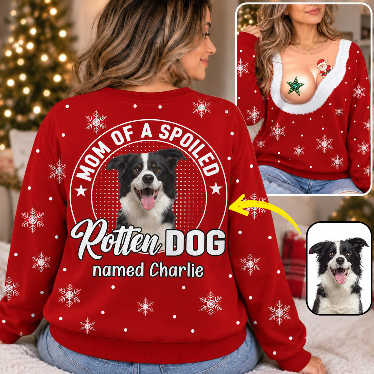 Personalized Funny Christmas All Over Print Shirts, Mom Of A Spoiled Rotten Dog, Custom Photo Dog Gift For Dog Lovers T1807 VH01