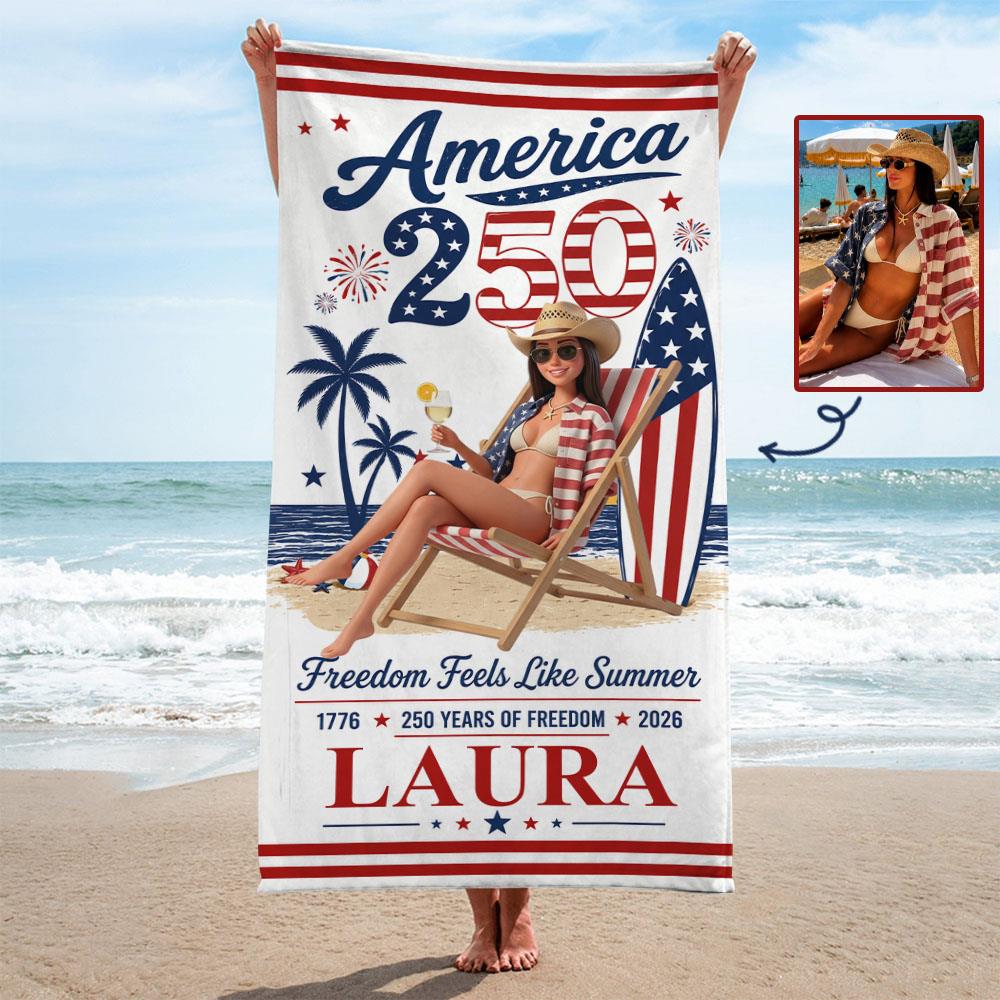 Custom Photo America 250 Beach Towel – Personalized Patriotic Summer Vacation Gift for Family | Born Free, Beach Bound | 250th Anniversary 1776–2026 Na02 Nh00