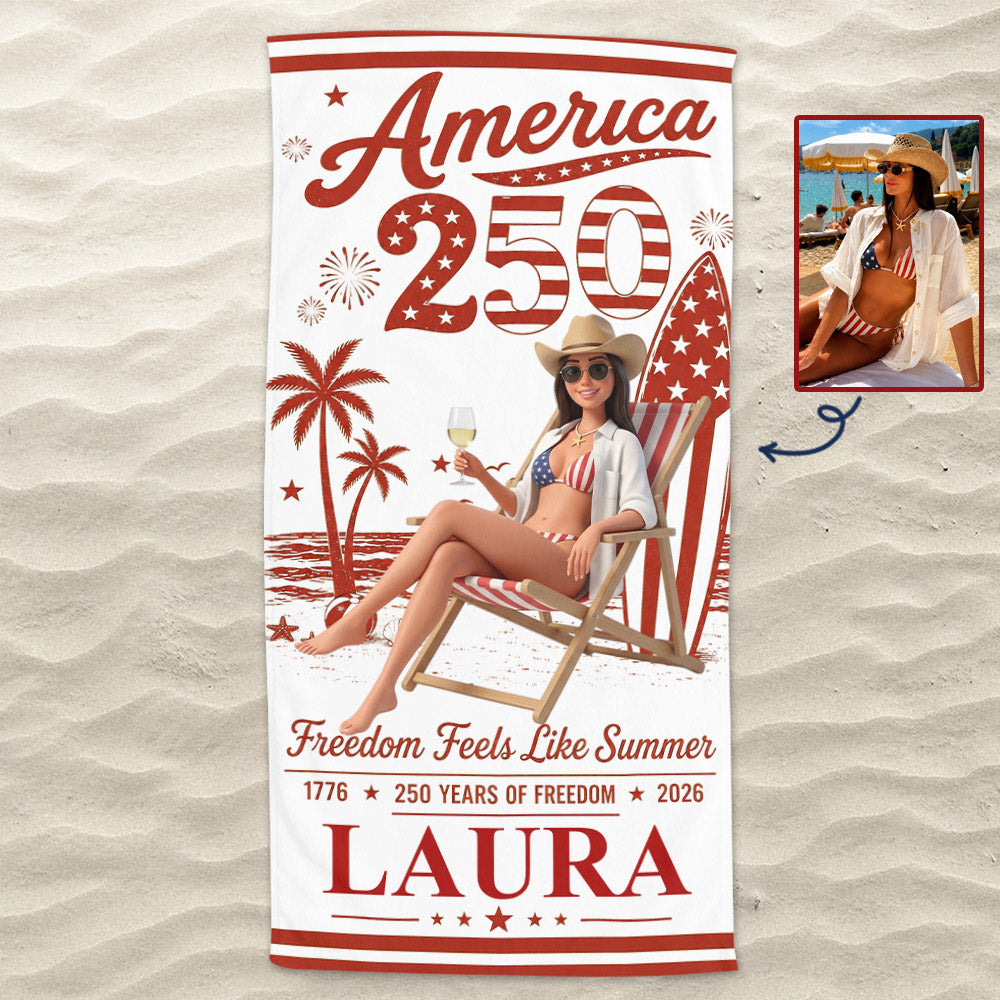 Custom Photo America 250 Beach Towel – Personalized Patriotic Summer Vacation Gift for Family | Born Free, Beach Bound | 250th Anniversary 1776–2026 Na02 Nh00