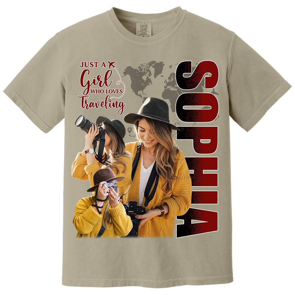 Just A Girl Who Loves Traveling – Custom Photo Vacation T-Shirt for Adventure Lovers Vr2 NA02 Hv01