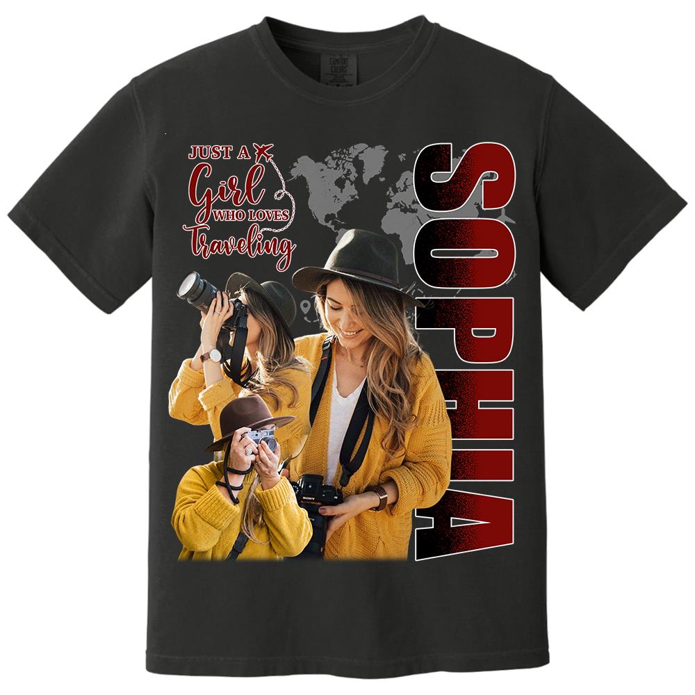 Just A Girl Who Loves Traveling – Custom Photo Vacation T-Shirt for Adventure Lovers Vr2 NA02 Hv01