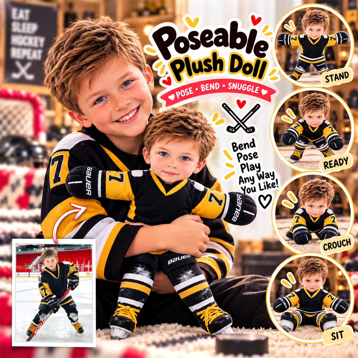 Personalized Ice Hockey Squishy Toy Poseable Plush Doll, Funny Gift For Sport Lovers NA04 Hv01 NT01