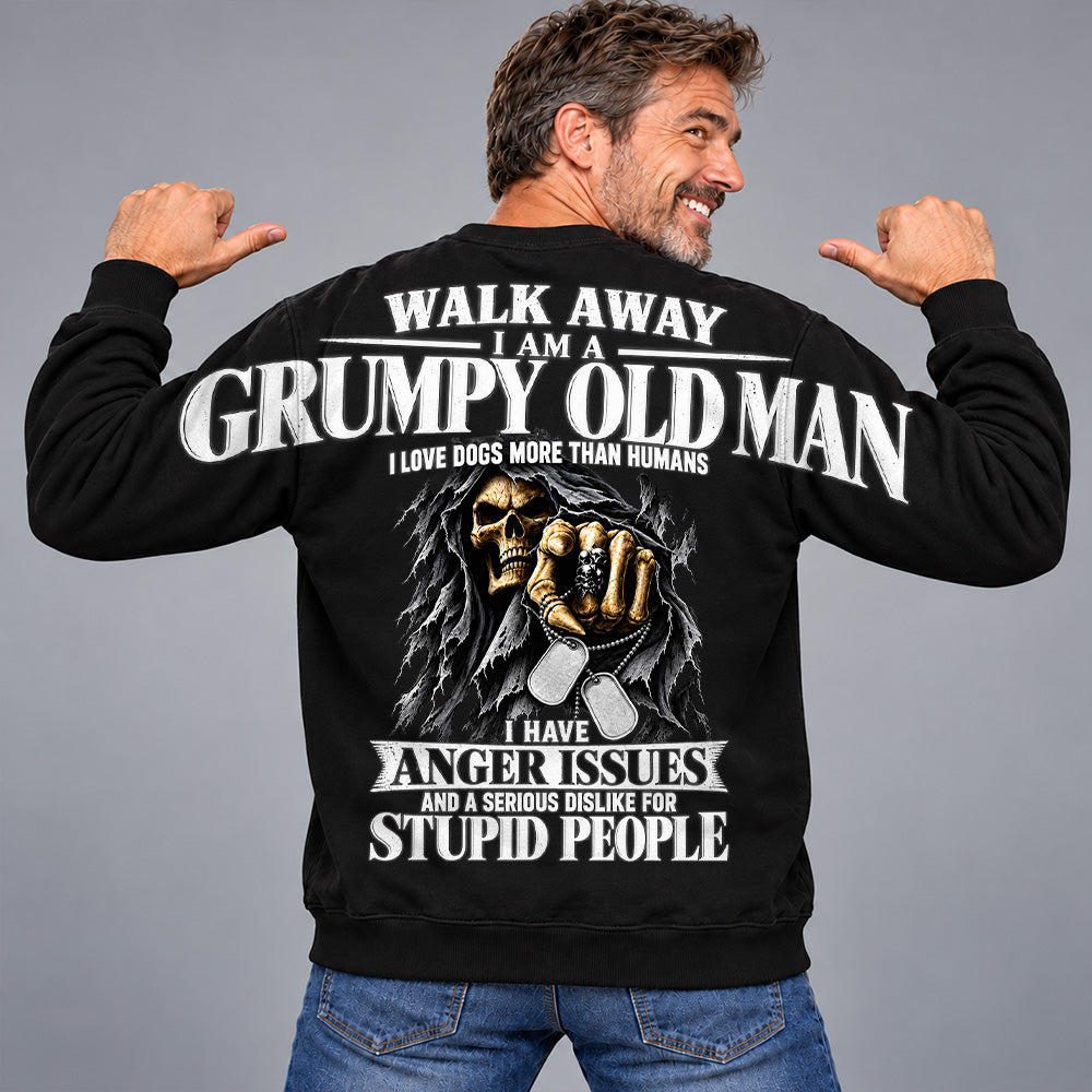 Walk Away I Am A Grumpy Old Man I Love Dogs More Than Humans I Have Anger Issues Skeleton Oversized Shoulder Print Shirts T24
