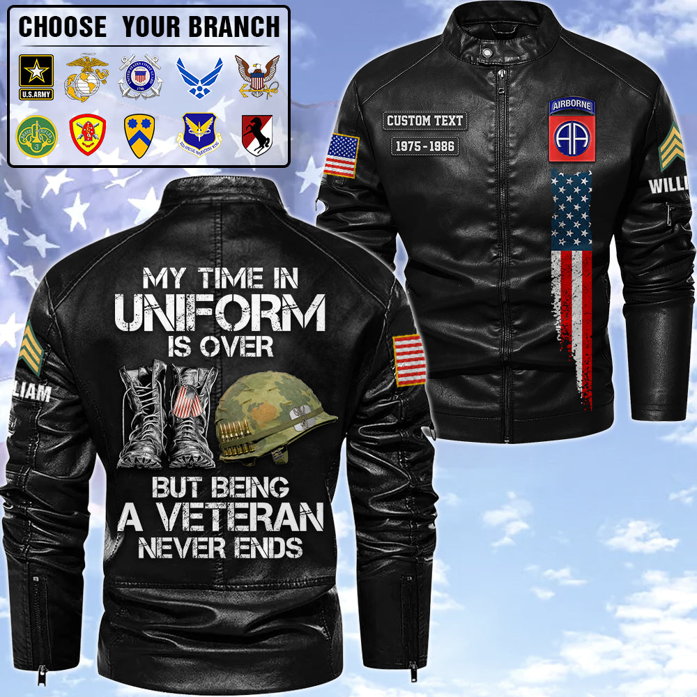 Personalized Leather Jackets My Time In Uniform May Be Over But My Watch Never Ends Gift For Veteran K1702 Trhn