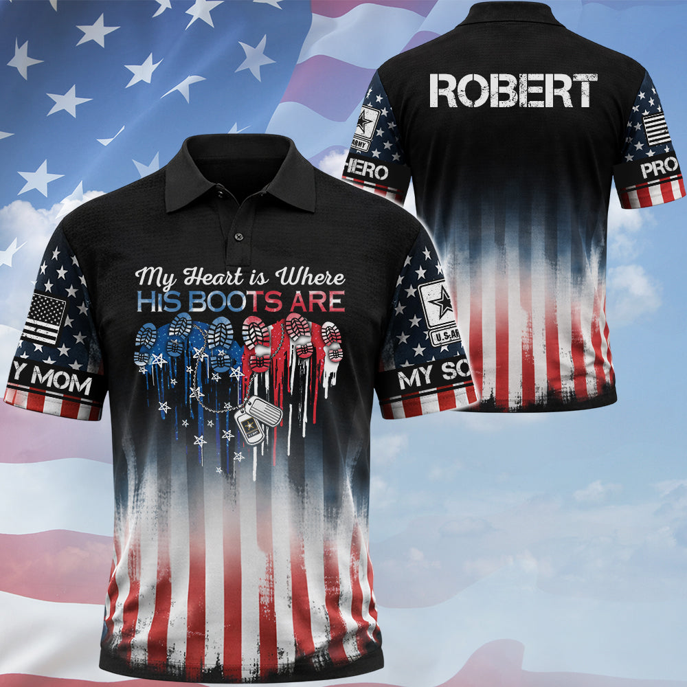 Custom Shirt My Heart Is Where His Boots Are My Son My Soldier My Hero Gift For Military Family Proud Military Family Shirt K1702