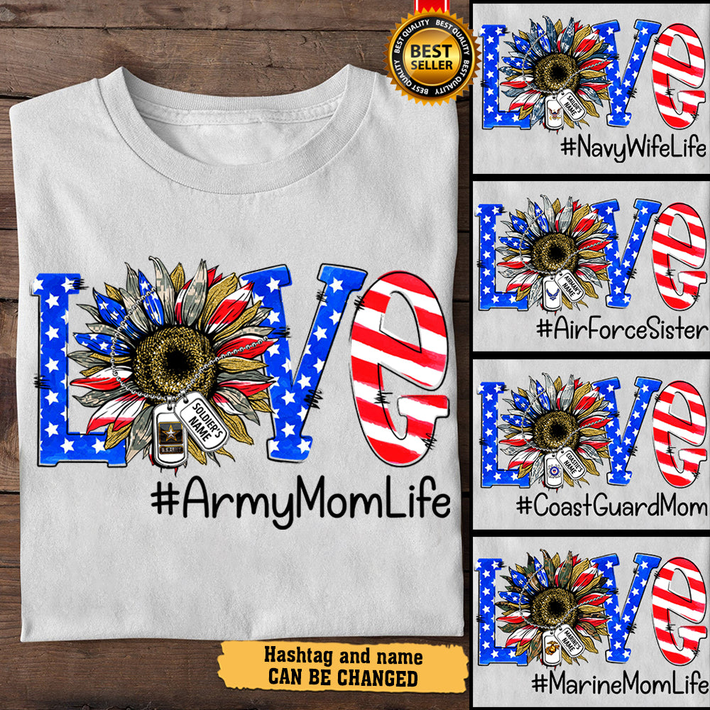 Personalized Shirt Love Sunflower Camouflage Flag Army Marine Air Force Navy Coast Guard Mom Wife Sister Aunt Life 4th Of July Independence Day Shirt H2511