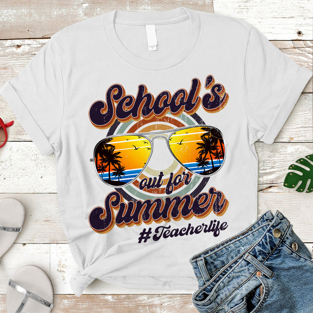 Personalized Hashtag School's Out For Summer Sunglasses With Palms Teacher Life Retro Shirt For Teacher In Summer Vacation H2511