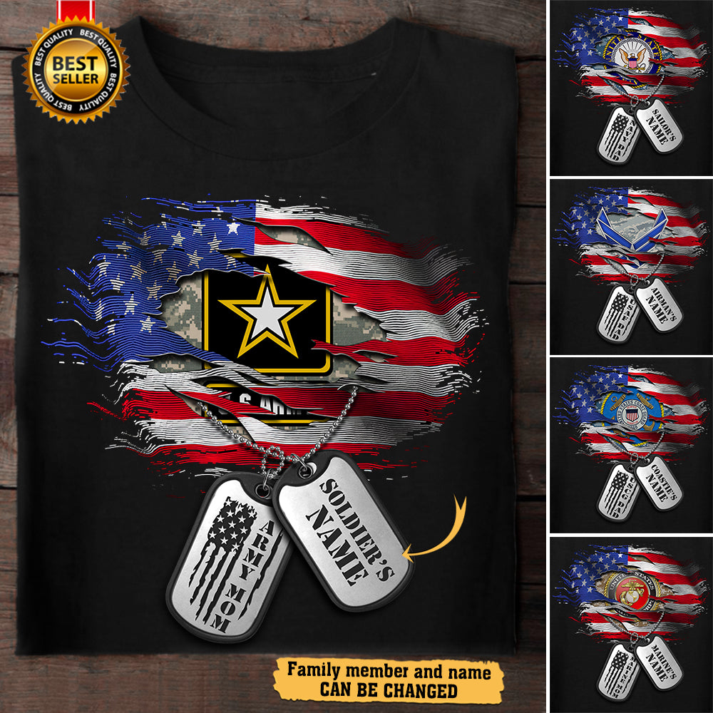 Personalized Shirt American Flag Ripped Effect With Military Camouflage Dog Tags Shirt For Army Marine Navy Air Force Coast Guard Mom Dad and Military Family Member H2511