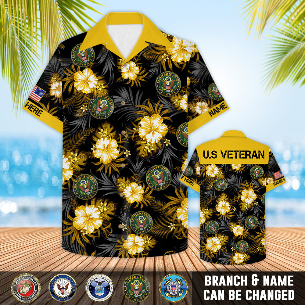 Personalized Name Branch Tropical Flower Hibiscus And Plumeria Floral Palm Leaves Hawaiian Shirt For Veteran Hk10 Trhn